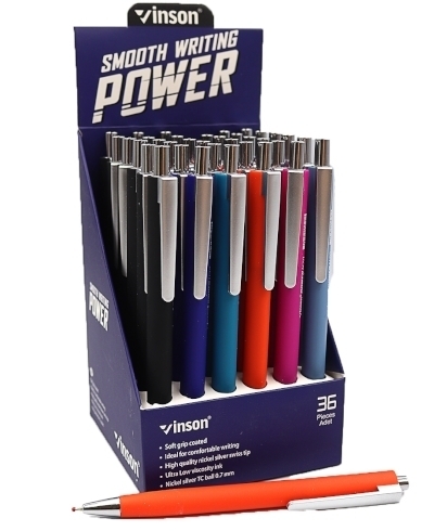 N70 Ручка автомат масл.Vinson "Power" 0,7мм, синя, soft touch, треуг, mix, 36шт / етик.