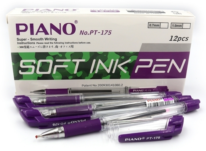 PT-175 Ручка масляна "Piano" "4км" 0,7мм, фіолетова, грип, 12шт / етик.