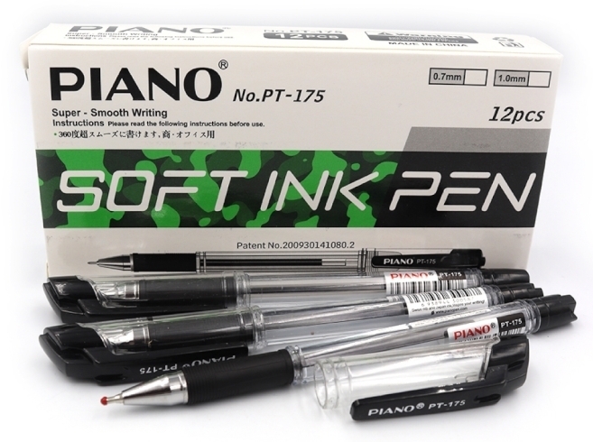 PT-175 Ручка масло "Piano" "4км" 0,7мм, чорна, грип, 12шт / етик.