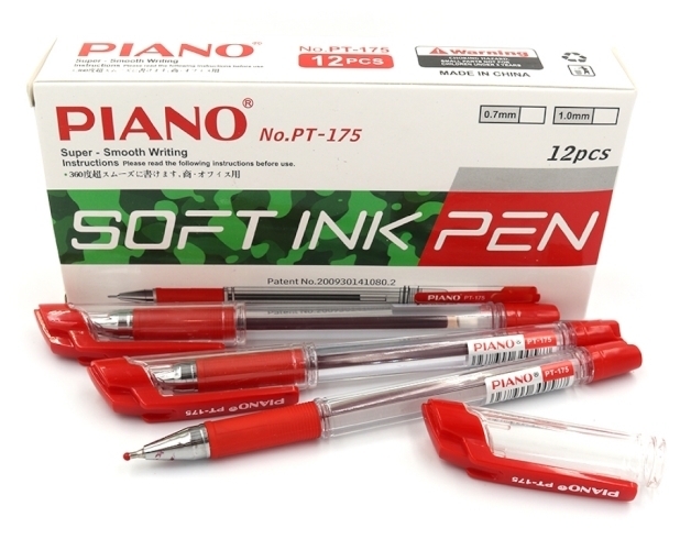 PT-175 Ручка масляна "Piano" "4км" 0,7мм, червона, грип, 12шт / етик.